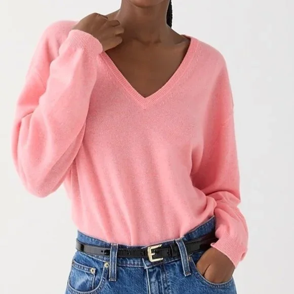 J Crew Womens Pink Cashmere Relaxed V Neck Sweater Heathered Peony size XXS - Picture 2 of 12